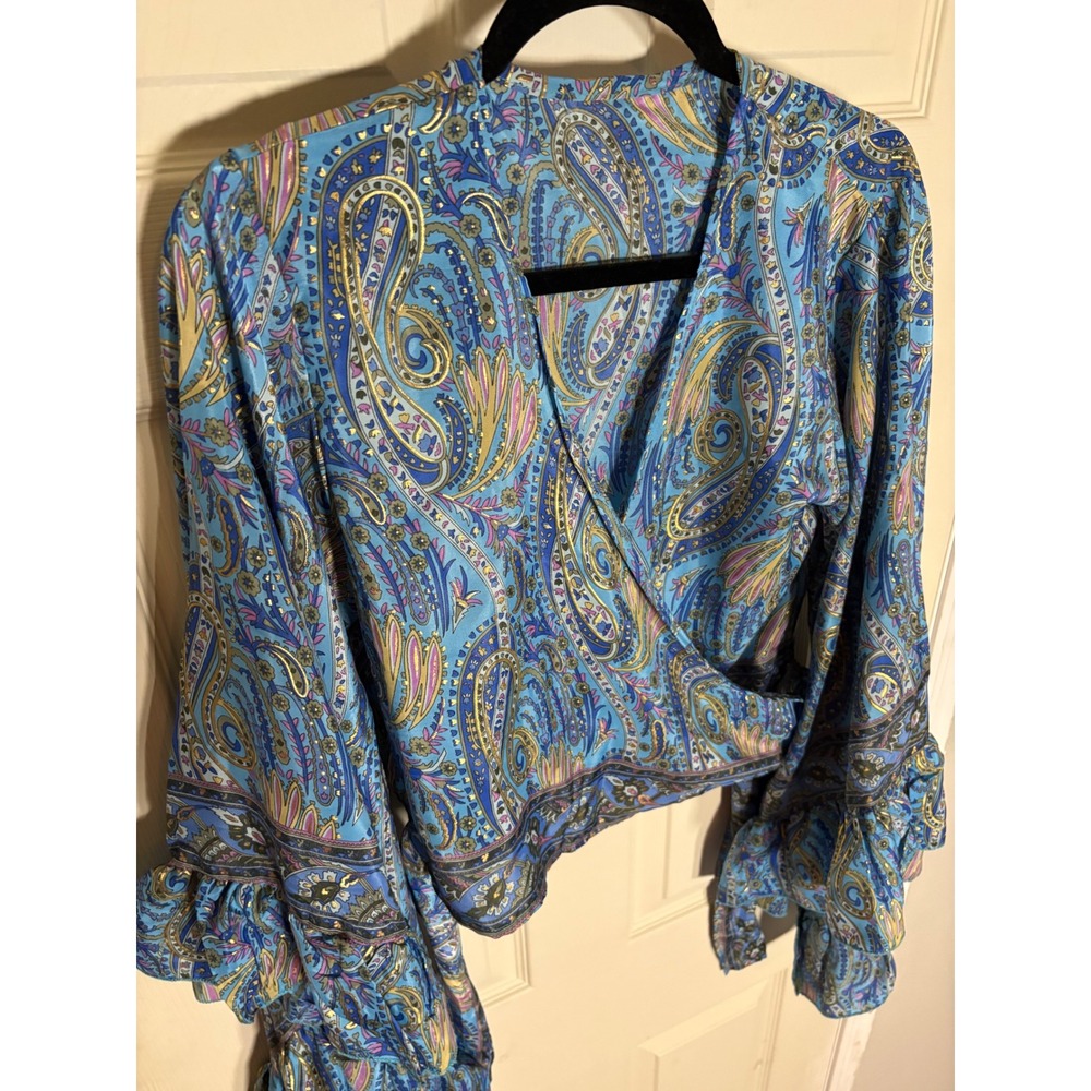 Silk Boho Paisley BellSleeve WrapTop ‎ Romantic Festival Cottagecore Blouse - Picture 7 of 8